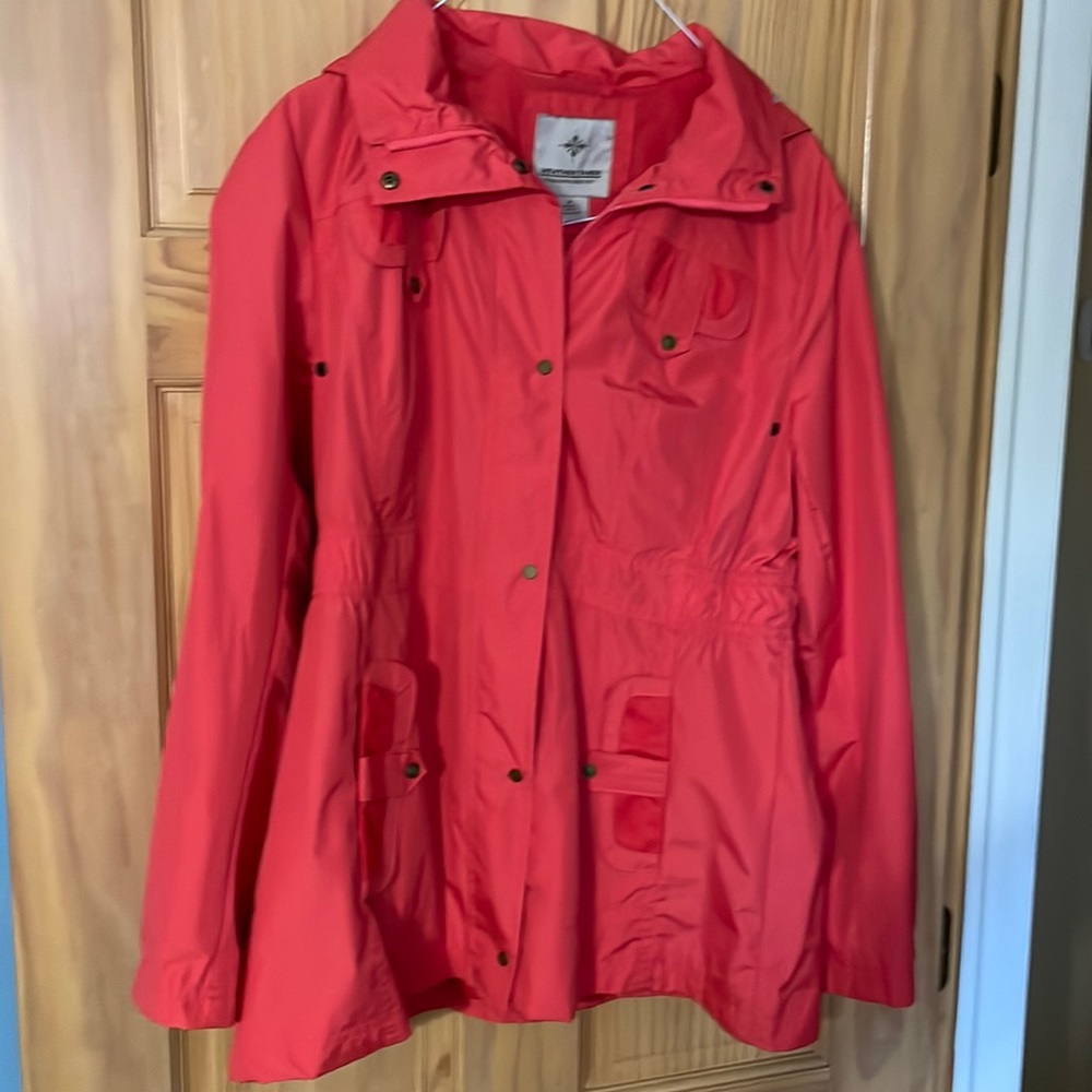 Womens Spring jacket with hood. Medium coral color